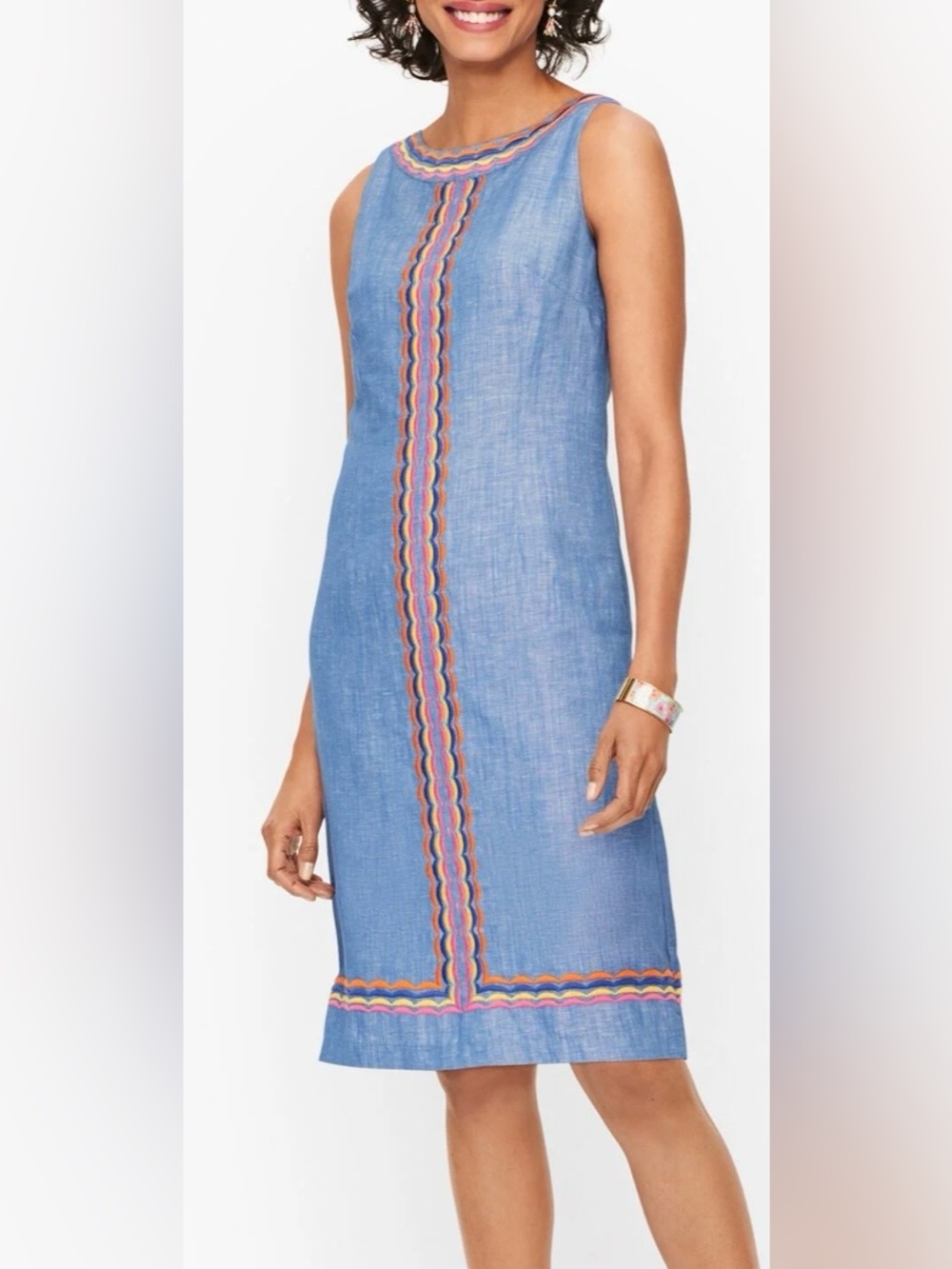 Talbots Linen Shift Dress Pastel Scallop Embroidery